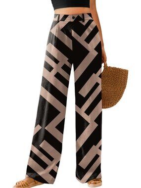 Women's Rectangle-black High Waisted Button Down Straight Casual Wide Leg Pants